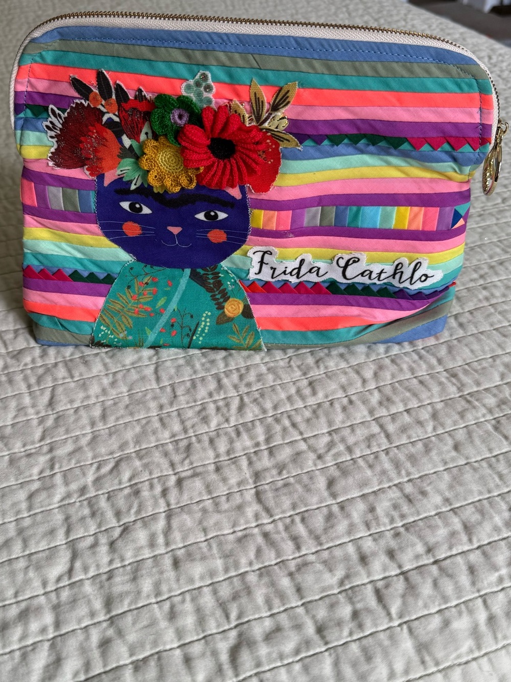 Colorful Frida Cat Embroidered Upcycled Cosmetic Bag